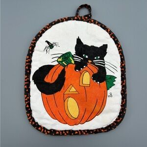 CSC Halloween Jack-o'-Lantern Black Cat Kitshy Vintage Print Quilted Pot Holder